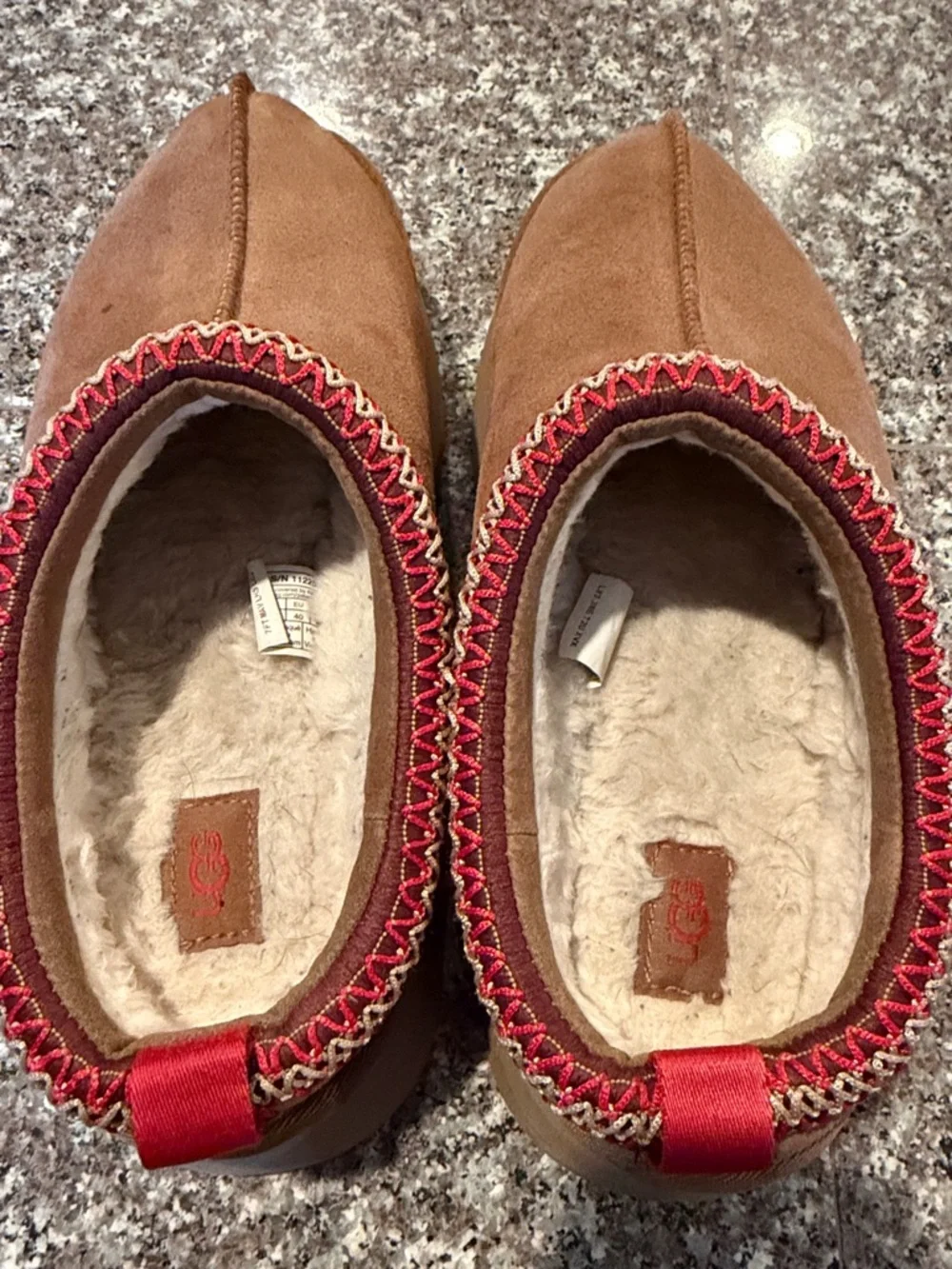 UGG Chestnut Brown Suede Platform Slip-On Clogs with Red Trim - Picture 3 of 4